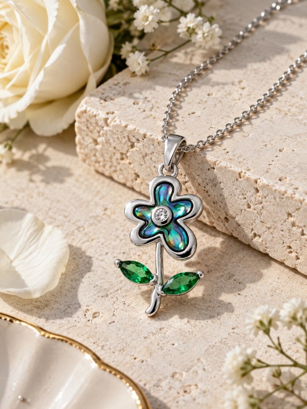 Abalone Shell Flower Necklace Silver Tone Green CZ Leaf Pendant Adj 15.5-17.5"